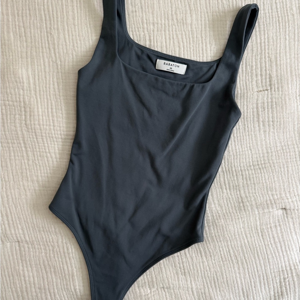 Babaton Dark Grey/Blue Scoop Neck One-Piece Bodysuit